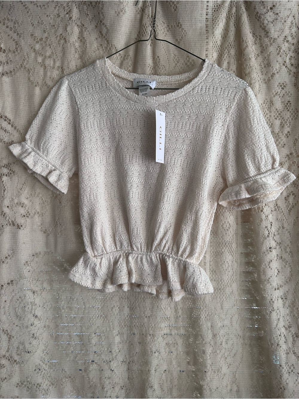 Gilli Cream Ruffle-Hem 100% Cotton Knit Top